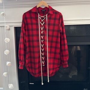 AKIRA mini dress/shirt Red Black Plaid size S Lace-Up boho coquette